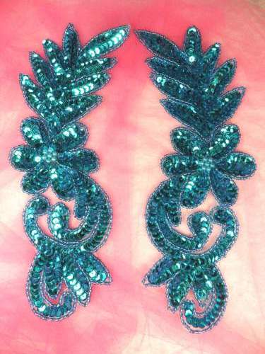 0507 Turquoise Floral Flower Mirror Pair Sequin Beaded Appliques Set 8.5\