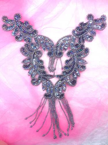 0510 Gunmetal Holographic Bodice Yoke Sequin Beaded Applique 10