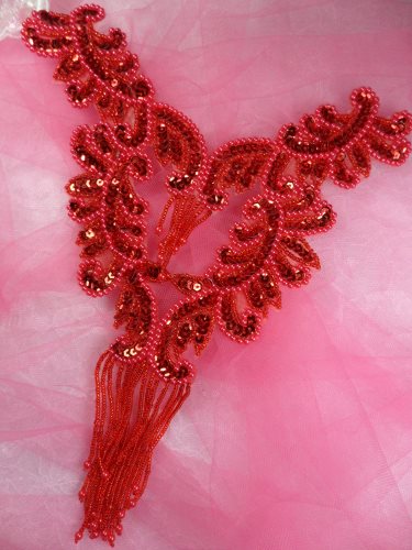 0510 Red Bodice Yoke Sequin Beaded Applique 10