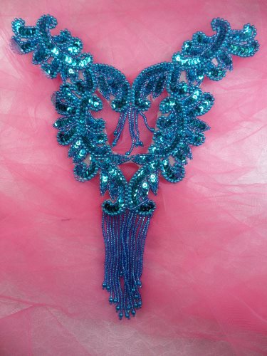 0510 Turquoise Bodice Yoke Sequin Beaded Applique 10