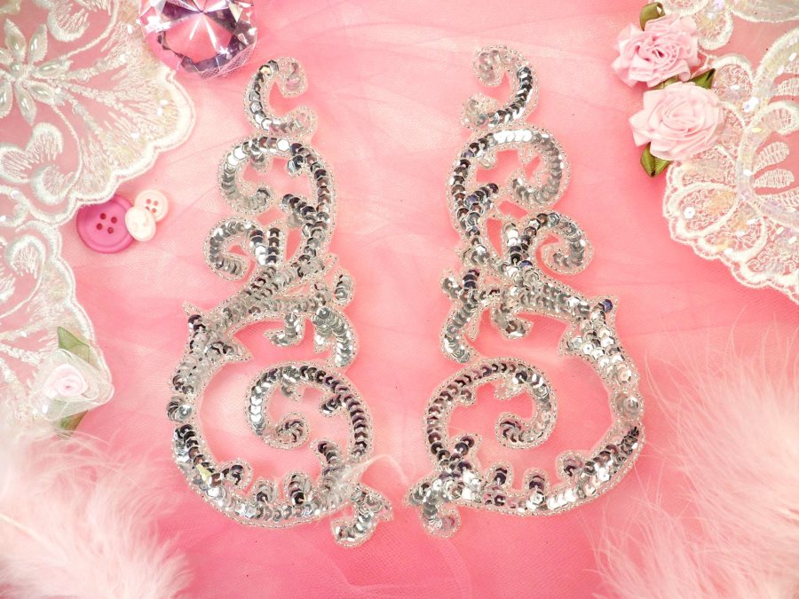 Sequin Appliques Silver Sparkling w/ Beaded edge Dance Costume Motif Mirror Pair (0514X)