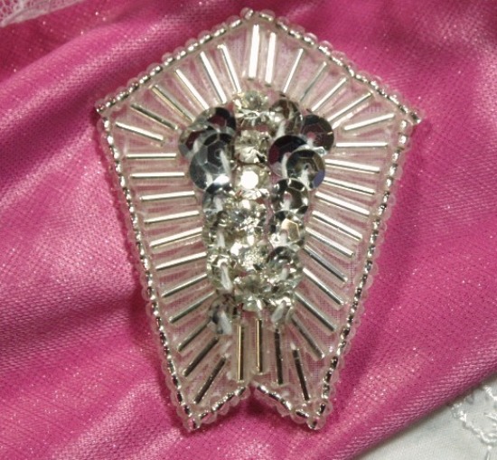 Silver Rhinestone 2 Sequin Beaded Applique K1273