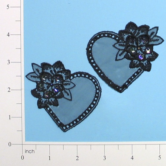 Black Iris Venise Lace 2.75 Heart Mirror Pair Appliques E2704