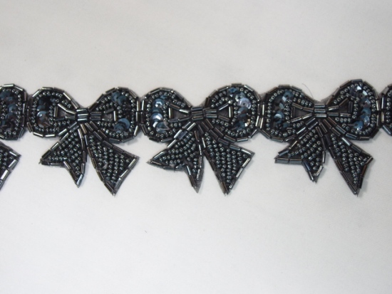 T8623  Gunmetal Bow Sequin Beaded Applique or Trim