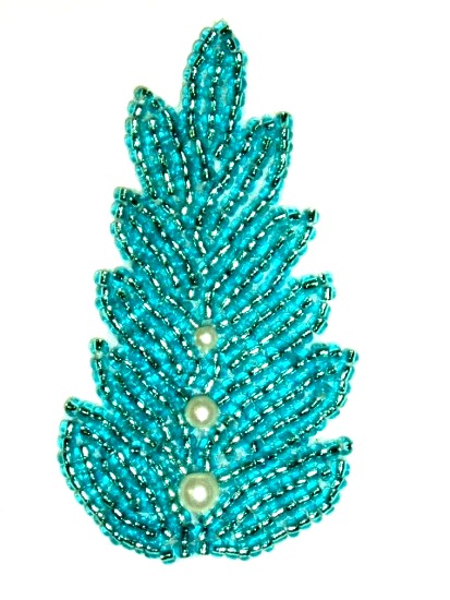 K1397 Turquoise Pearl Leaf Beaded Applique 2.5