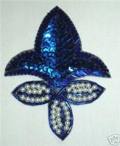 K1445 Blue Fleur De Leis Sequin Beaded Applique