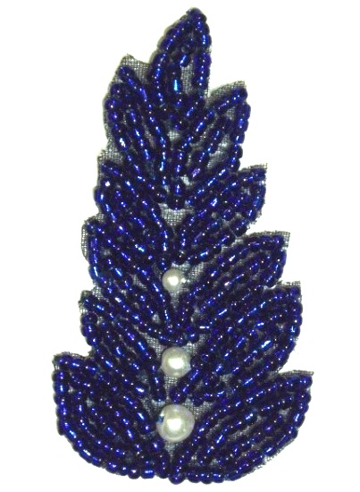 K1397 Royal Blue Pearl Leaf Beaded Applique 2.5
