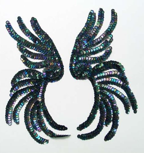 E217 Seaweed Applique Mirror Pair Sequin Black Nautical Patch 9.5\