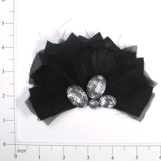 E4158  Black Silver Feather Applique Brooch 5
