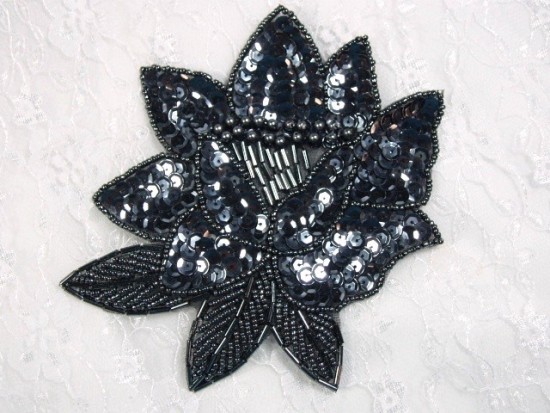 K8108  Gunmetal Sequin Beaded Applique 5.25