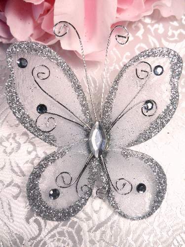 MR021 Choose Size Silver Organza Jewel Butterfly Embellishment