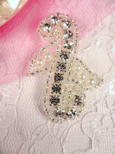 AXR69 Crystal Clear Silver Pearl Beaded Rhinestone Applique 1.75
