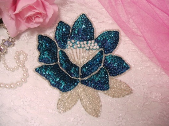 K8108  Turquoise Rose Sequin Beaded Applique 5.25
