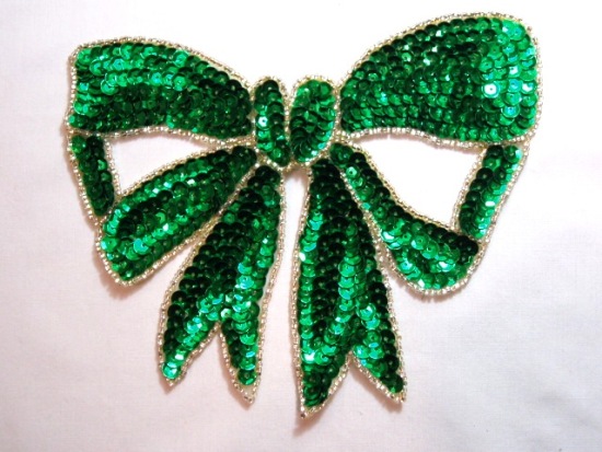 K8140 Green Large Bow Sequin Beaded Applique 6.75\