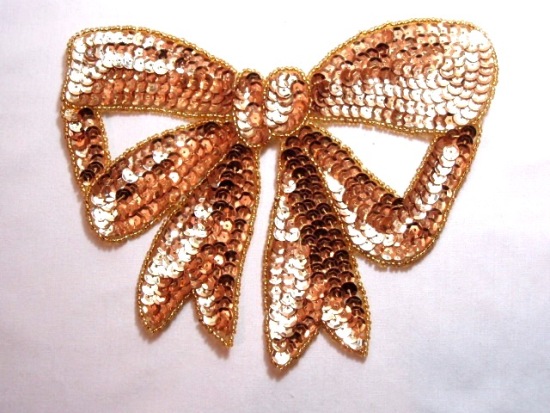 K8140  Gold Large Bow Sequin Beaded Applique 6.75