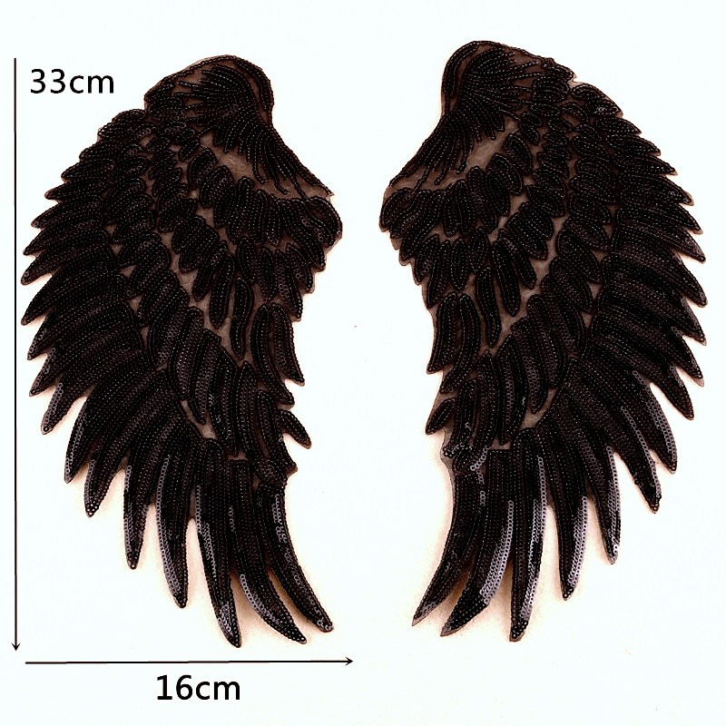 Black Wings Sequin Appliques Black Backing Mirror Pair Motifs Iron on Patch 13 inches GB339X