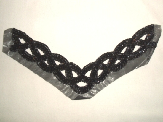 K8248  Black Braided Collar Sequin Beaded Applique 8.75