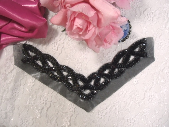 K8248  Gunmetal Braided Collar Sequin Beaded Applique  8.75\