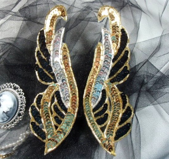 0033 Black & Gold Mirror Pair 6 Sequin Beaded Appliques