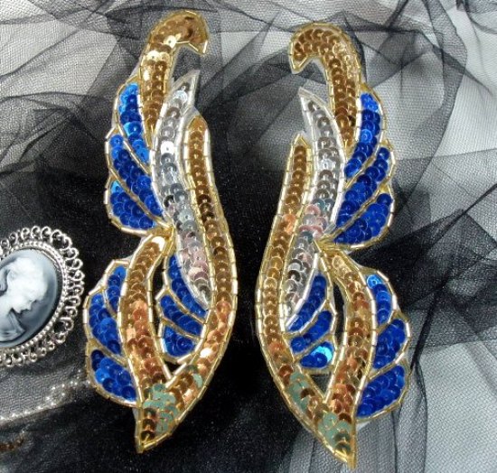 0033 Blue & Gold Mirror Pair 6 Sequin Beaded Appliques