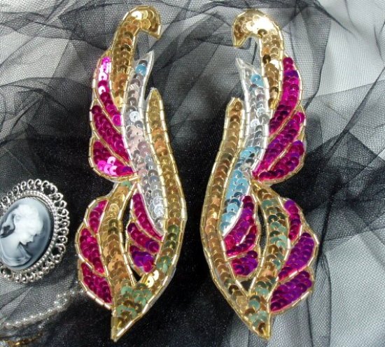 0033 Sequin Beaded Applique Fucshsia Gold and Silver Mirror Pair 6
