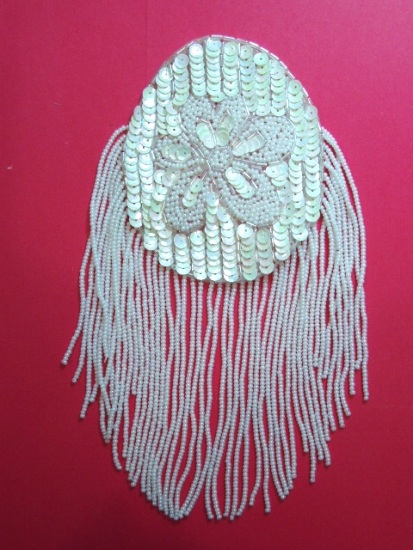 K8619  White AB Oval Dangle Epaulet Sequin Beaded Applique 9.25