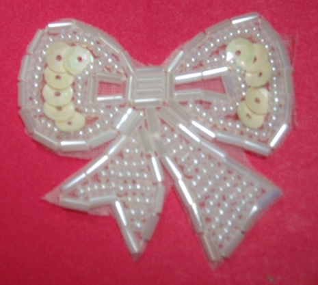T8623  White Bow Sequin Beaded Applique 2\