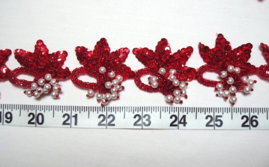 T8634  Red Pearl Flower Sequin Beaded Applique or Trim