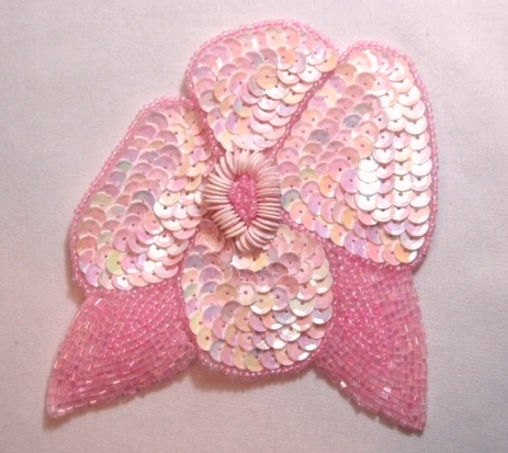 K8916  Pink AB Opaque Floral  Sequin Beaded Applique 4.5