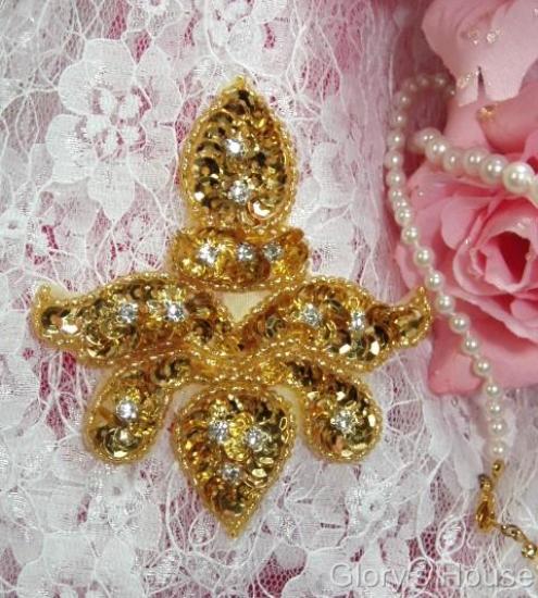 Gold Rhinestone 3 Sequin Beaded Applique   0022