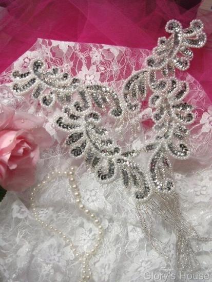 0037 Silver Pearl Bodice Yoke 10\ Sequin Beaded Applique