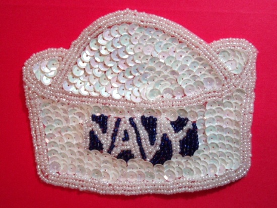K9142  Navy Hat White AB Sequin Beaded Applique 4.75