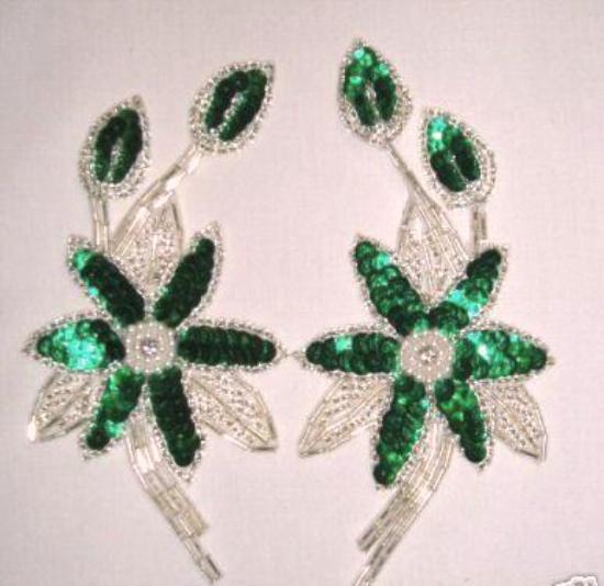K8109 Green Silver Mirror Pair Sequin Beaded Appliques 5.5