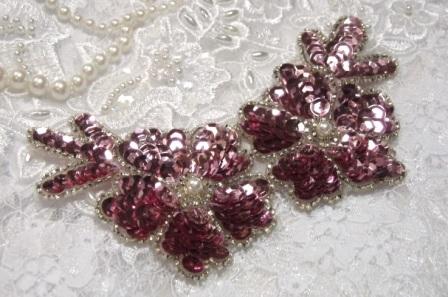Mauve Rose Floral  5 Sequin Beaded Applique K8116