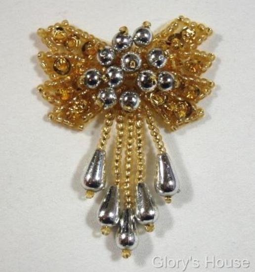 0036 Gold & Silver Bow 2\  Sequin Beaded Applique  0036