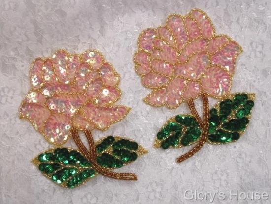 Pink Peach Crystal Rose Mirror Pair Sequin Beaded Applique 0074