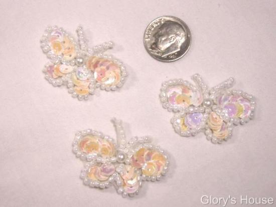 T9516  Set of 3 White Ab Butterfly Sequin Beaded Appliques 1.5\