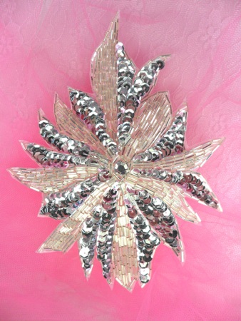 FS1638 Silver Floral Sequin Beaded Applique 5.5\