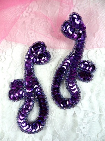 FS339  Purple Mirror Pair Beaded Sequin Appliques 3.5
