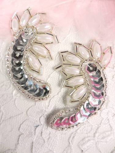 ACT/0309 Silver Pearl Mirror Pair Sequin Beaded Applique 2.25