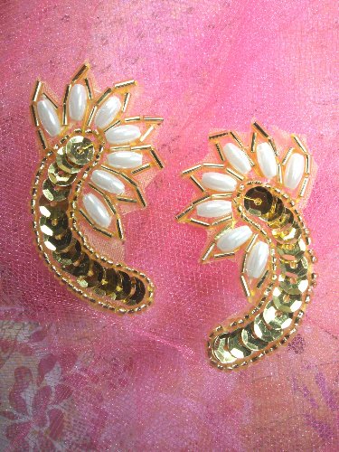 ACT/0309 Gold Pearl Mirror Pair Sequin Beaded Applique 2.25
