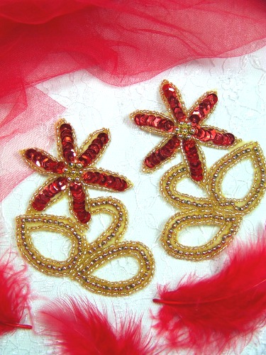A0416A Gold Red Floral Mirror Pair Beaded Sequin Appliques 4