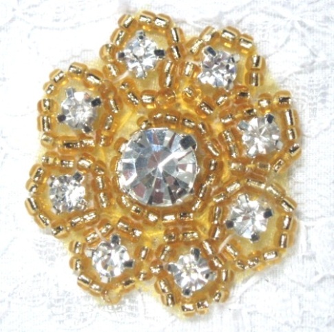 A0429A  Gold Beaded Rhinestone Floral Applique 1-3/8
