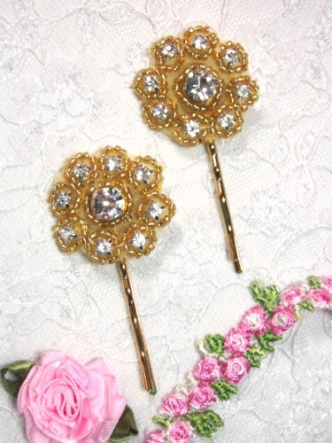 A0429E Set of Two Gold Crystal Flower Rhinestone Hair Pins