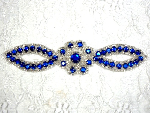 Royal Blue Silver Jewel Rhinestone Beaded Floral Applique 5 A0474C