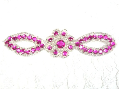 Fuchsia Silver Jewel Rhinestone Beaded Floral Applique 5 A0474C