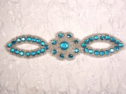 Turquoise Silver Jewel Rhinestone Beaded Floral Applique 5 A0474C