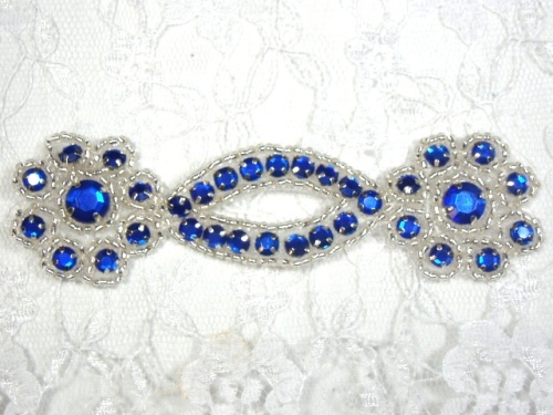 Royal Blue Silver Jewel Rhinestone Beaded Floral Applique 4.25 A0474D