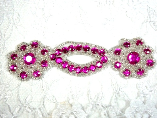 Fuchsia Silver Jewel Rhinestone Beaded Floral Applique 4.25 A0474D