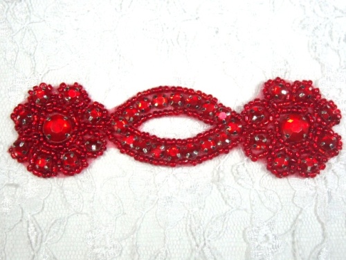 Red Jewel Rhinestone Beaded Floral Applique 4.25 A0474D